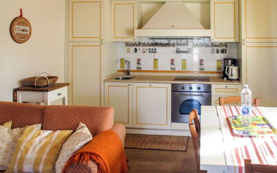 Casetta Melograno (Mlu152) 604.2: Furniture, Room, Interior Design, Property, Orange, Bed, Wall, Home, Shelf, Kitchen
