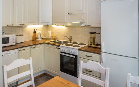 Onkijantie 7B: Kitchen Appliance, Kitchen, Major Appliance, Cabinetry, Countertop, Furniture, Interior Design, Flooring, Wood, Kitchen Stove