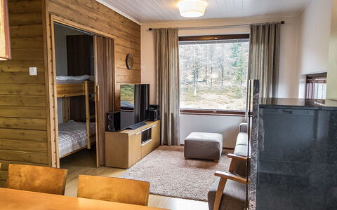 Villa Ylläs 302: Flooring, Interior Design, Floor, Wood, Furniture, Ceiling, Room, Living Room, Wood Stain, Hardwood