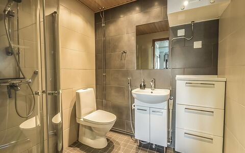 Villa Ylläs 302: Toilet Seat, Bathroom, Toilet, Flooring, Interior Design, Plumbing Fixture, Bathroom Sink, Floor, Wall, Sink