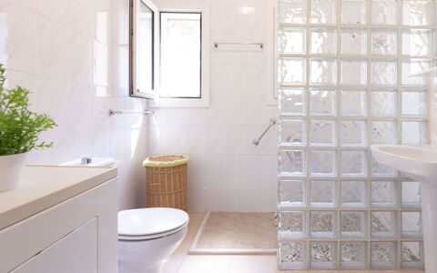 Villa Karoline: Plumbing Fixture, Property, Sink, Mirror, Bathroom Cabinet, Plant, Bathroom, Bathroom Sink, Window, Purple