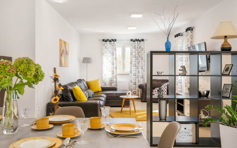 Casetta Filip: Interior Design, Room, Living Room, Furniture, Yellow, Property, Building, Table, Coffee Table, House