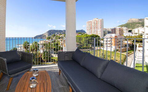 Calpe Calp 268: Building, Sky, Property, Couch, Furniture, Water, Azure, Blue, Shade, Table