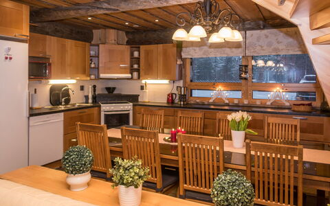 Villa Aurora: Furniture, Interior Design, Wood, Ceiling, Flooring, Kitchen, Light Fixture, Room, Lighting, Chair