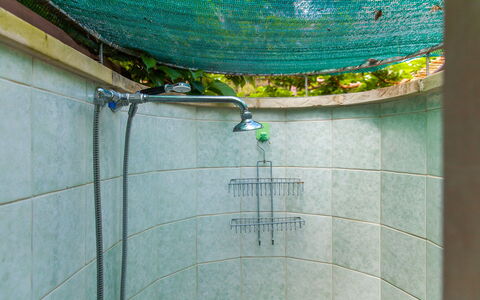 Villa Victory: Green, Tile, Bathroom, Water, Room, Shower, Architecture, Glass, Plumbing Fixture