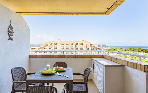 Oropesa del Mar 620: Sky, Furniture, Table, Property, Chair, Azure, Shade, Interior Design, Yellow, Floor