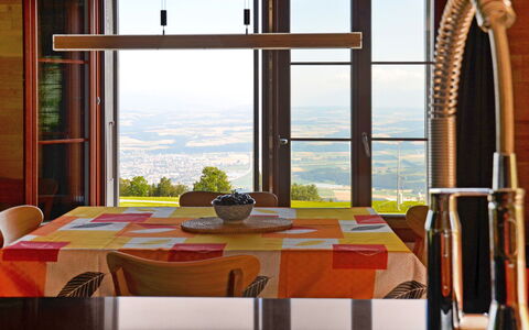 Chalet la Frêtaz: Table, Furniture, Property, Sky, Window, Building, Light, Wood, Interior Design, Plant