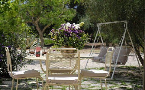 Masseria Pagliamonte: Chair, Furniture, Folding Chair, Outdoor Furniture, Table, Lavender, Garden, Patio, Outdoor Table, Plant