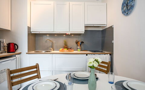 Le Dolmen: Cabinetry, Property, Countertop, White, Blue, Product, Kitchen, Azure, Dishware, Interior Design