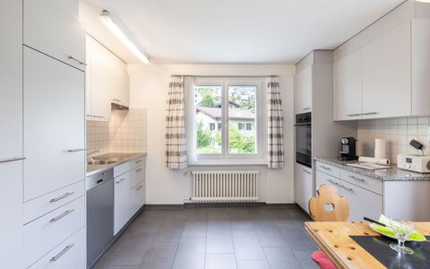 Ferienwohnung Wüest: Cabinetry, Furniture, Countertop, Window, Kitchen, Architecture, Wood, Drawer, Flooring