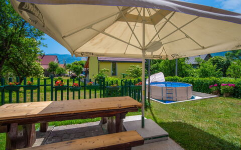 Maja: Plant, Furniture, Property, Outdoor Bench, Sky, Botany, Shade, Umbrella, Outdoor Furniture
