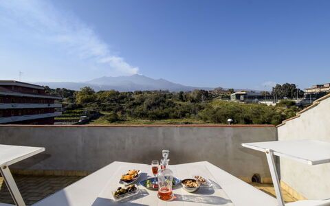 New Etna View: Food, Sky, Table, Cloud, Property, Tableware, Outdoor Furniture, Tree, Chair, Building