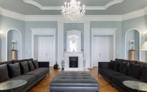 Manowce Palace: Interior Design, Flooring, Floor, Wall, Furniture, Ceiling, Living Room, Couch, Lighting, Home