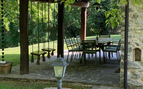 Beautiful Stone Country Villa: Furniture, Wood, Outdoor Furniture, Garden, Shade, Table, Flagstone, Outdoor Table, Chair, Outdoor Structure