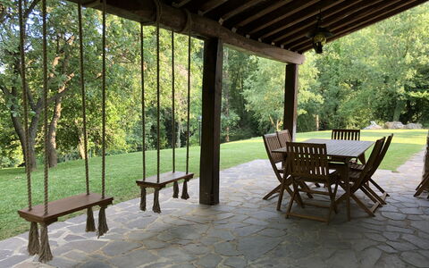 Beautiful Stone Country Villa: Property, Furniture, Room, Table, House, Tree, Building, Real Estate, Porch, Chair