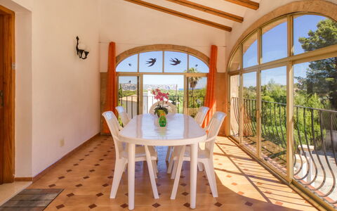 Villa Bramble: Table, Plant, Furniture, Building, Chair, Wood, Interior Design, Door, Orange, Porch