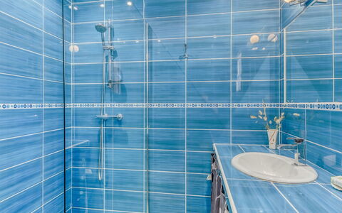 Villa Belios: Plumbing Fixture, Tap, Bathroom, Blue, Azure, Shower Head, Shower, Sink, Plumbing, Line