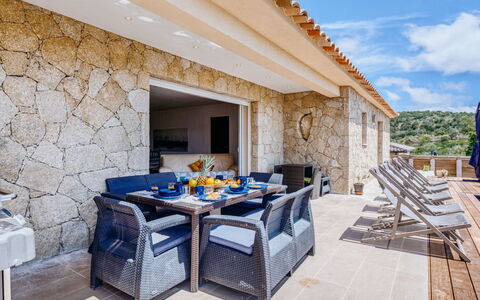 Villa Belios: Property, Furniture, Table, Building, Azure, Sky, Chair, Shade, Interior Design, Outdoor Furniture