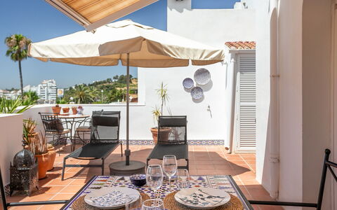 Sol de Estepona: Flooring, Furniture, Floor, Chair, Flowerpot, Houseplant, Balcony, Outdoor Furniture, Kitchen & Dining Room Table, Tile