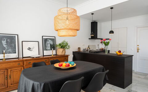 Sol de Estepona: Room, Dining Room, Furniture, Interior Design, Property, Table, Yellow, Ceiling, Floor, Kitchen