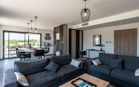 Porto Vecchio 140: Table, Picture Frame, Couch, Property, Furniture, Studio Couch, Living Room, Lighting, Interior Design, Lamp