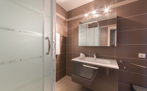 Calista 213 with Balcony: Mirror, Tap, Sink, Plumbing Fixture, Bathroom Sink, Building, Bathroom, Wood, Countertop