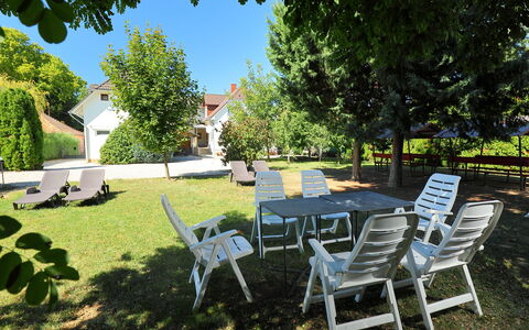 Balatonszemes 636: Property, Table, Furniture, Grass, Garden, Lawn, Yard, Tree, Chair, House