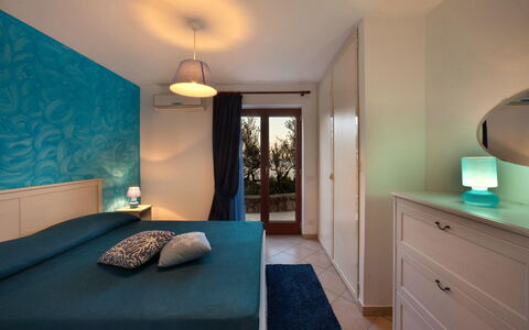Villa Nerano: Bedroom, Room, Furniture, Property, Bed, Interior Design, Building, Bed Sheet, Wall, Turquoise