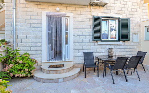 Brač Supetar 620: Building, Plant, Window, Property, Furniture, Blue, Wood, Chair, Door