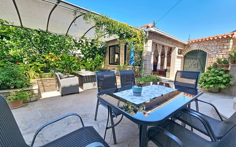 Brač Supetar 620: Furniture, Outdoor Furniture, Outdoor Table, Resort, Shade, Chair, Eco Hotel, Patio, Balcony, Garden