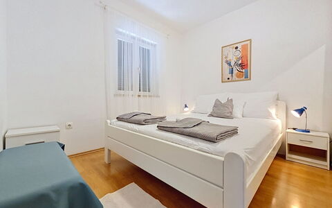 Brač Supetar 620: Bed, Bedroom, Furniture, Bed Sheet, Bedding, Interior Design, Floor, Room, Flooring, Bed Frame