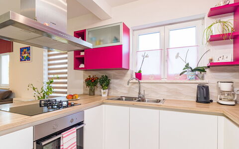 Villa May: Room, Interior Design, Plumbing Fixture, Property, Tap, Countertop, Pink, Interior Design, Ceiling, Kitchen