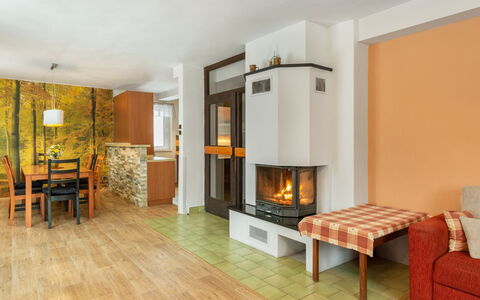 Desná V Jizerských Horách: Furniture, Table, Plant, Wood, Hearth, Orange, Interior Design, Houseplant, Flooring, Living Room