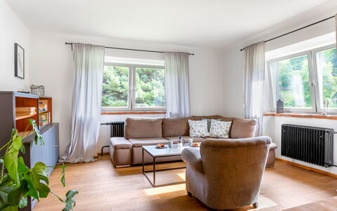 Brníčko: Window, Couch, Plant, Wood, Shade, Interior Design, Living Room, Floor, Flooring