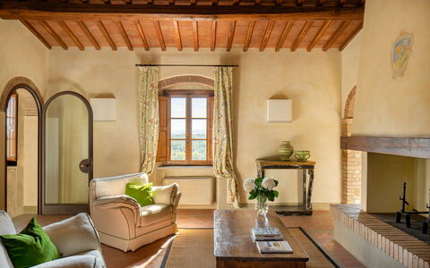Villa Sole Del Chianti: Furniture, Table, Couch, Building, Plant, Wood, Lighting, Architecture, Interior Design, Living Room