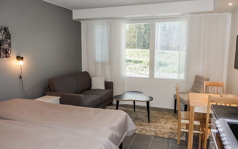 Skistar 105: Furniture, Interior Design, Floor, Flooring, Wall, Wood, Room, Bed, Ceiling, Bedroom