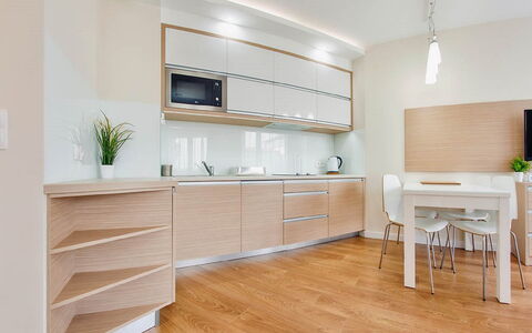 Kąty Rybackie Marina: Cabinetry, Furniture, Building, Chest Of Drawers, Countertop, Interior Design, Wood, Lighting, Drawer, Shelf
