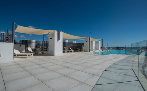 Estepona 114: Sky, Shade, Urban Design, Building, Facade, City, Mixed-Use, Commercial Building, Landscape, Composite Material
