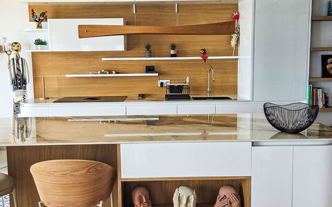 New Beach: Furniture, Interior Design, Flooring, Kitchen, Countertop, Wood, Floor, Cabinetry, Shelving, Shelf
