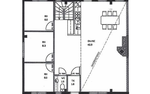 Karhunpesä a: Furniture, Chair, Outdoor Furniture, Table, Wood, Outdoor Table, Kitchen & Dining Room Table, Shade, Garden, Umbrella