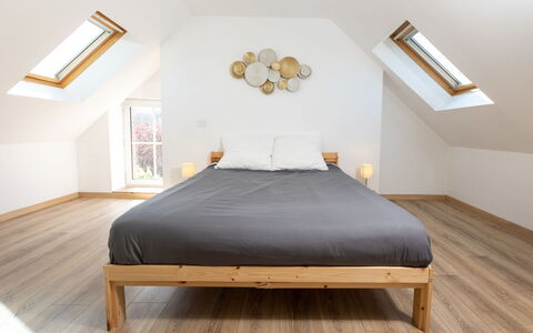 La Grève: Furniture, Bedroom, Bed, Flooring, Wood, Floor, Interior Design, Wood Flooring, Bedding, Lighting