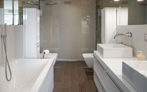 Chesa Piz Padella - St. Moritz: Bathroom, Interior Design, Bathroom Sink, Flooring, Plumbing Fixture, Floor, Sink, Wall, Bathroom Cabinet, Tap