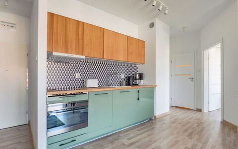 Grzybowo Seaside: Cabinetry, Countertop, Tap, Building, Kitchen, Wood, Plumbing Fixture, Interior Design, Flooring, Floor