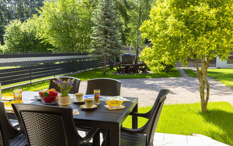 Jókai: Furniture, Outdoor Furniture, Chair, Table, Outdoor Table, Kitchen & Dining Room Table, Shade, Garden, Coffee Table, Eco Hotel
