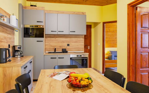 Jókai: Interior Design, Furniture, Wood, Flooring, Floor, Ceiling, Countertop, Kitchen, Room, Cabinetry