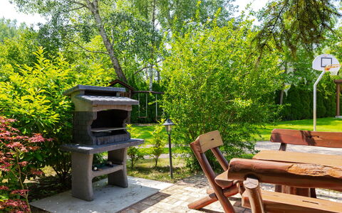 Jókai: Furniture, Outdoor Furniture, Garden, Outdoor Table, Chair, Backyard, Landscaping, Shade, Lawn, Wood Stain