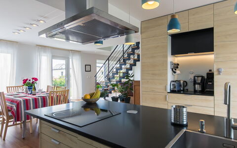 La Grève Bleue: Furniture, Cabinetry, Property, Countertop, Table, Kitchen, Interior Design, Lighting, Kitchen Sink, Architecture