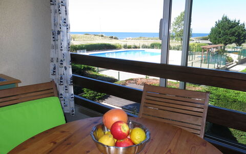 Belle Vue Mer et Piscine: Furniture, Table, Sky, Plant, Tableware, Porch, Wood, Tree, Shade, Outdoor Furniture