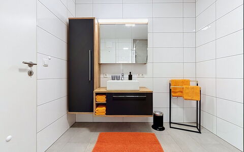 Apart Annabell: Flooring, Interior Design, Floor, Wall, Plumbing Fixture, Wood, Bathroom Cabinet, Bathroom, Cabinetry, Mirror