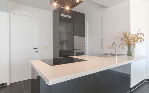 Miramar with Terrace: Cabinetry, Countertop, Tap, Sink, Kitchen, Wood, Lighting, Interior Design, House, Plumbing Fixture